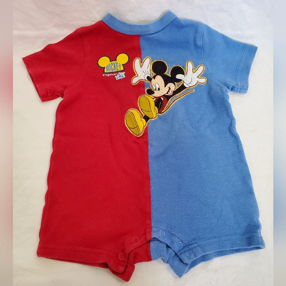 Disney Mickey Mouse Onesie Short 18M Cotton Color Block Blue Red GUD - Picture 1 of 3